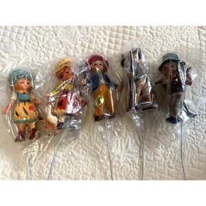 Vintage Girl & Boy Floral Picks Hong Kong Set 5 Adorable Hand-Painted Figurines